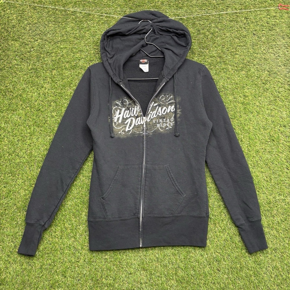 Harley-Davidson Hoodie Womens Small Vintage Rides Full Zip Black Sweatshirt Y2K